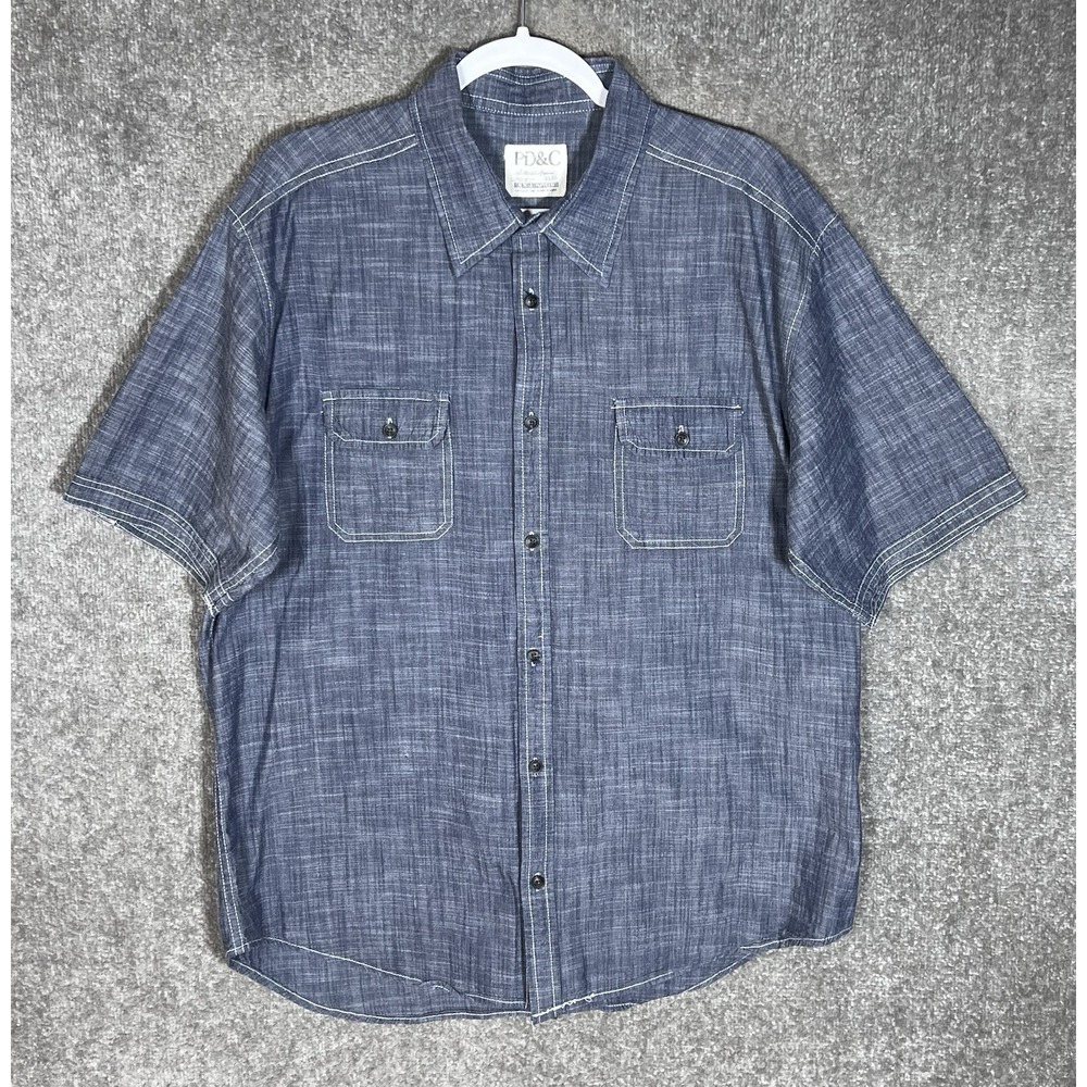 PD&C Button Up Shirt Mens Sz XXL Blue Chambray Cotton Chest Pockets Short Sleeve